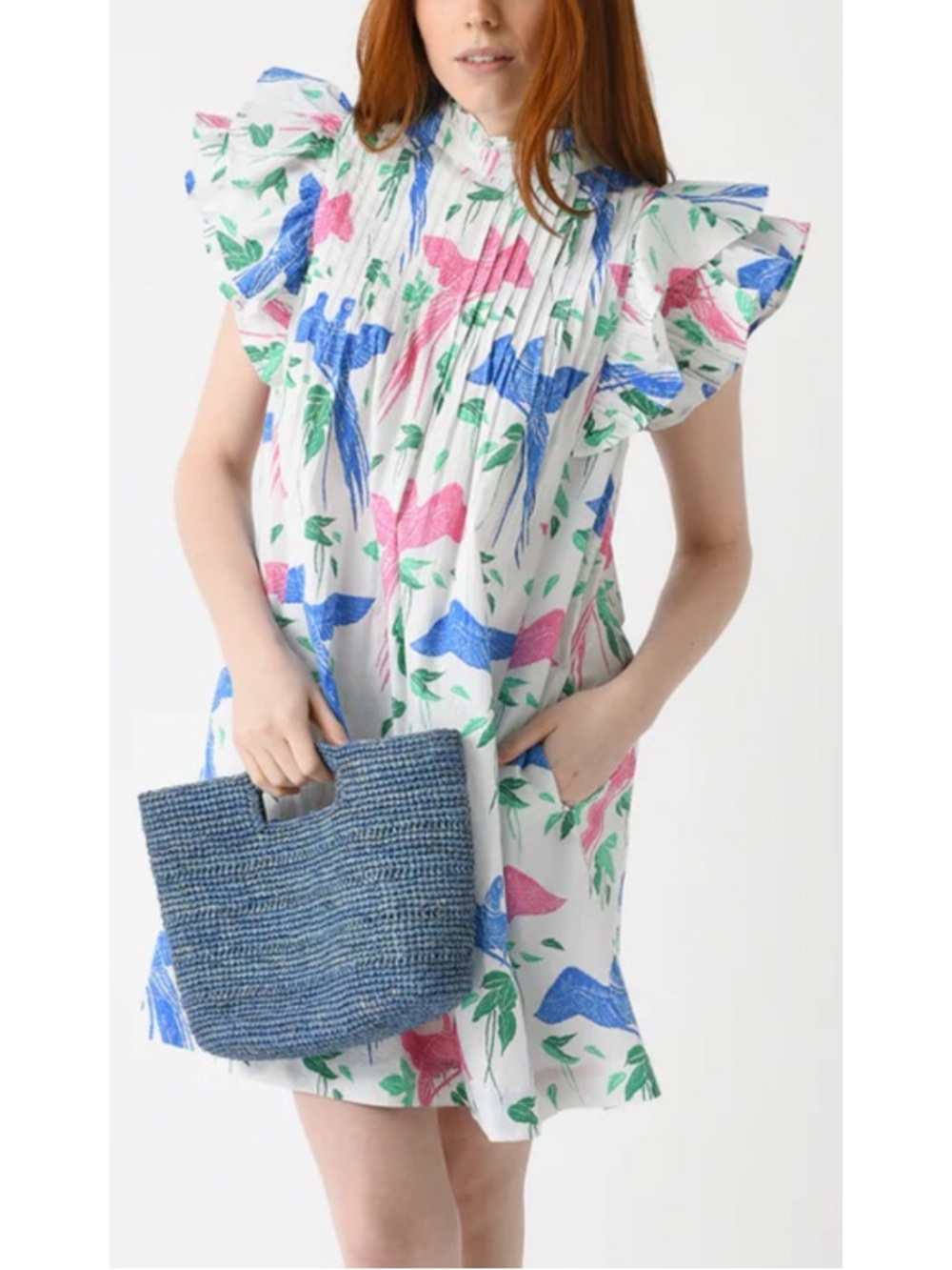 Oliphant Pintuck Ruffle Mini Dress In Macaw Print - Picture 1 of 11